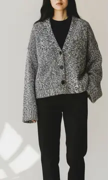 Frame Oversized Marled Chunky Knit Cardigan Size Large Gray Black Sweater Button