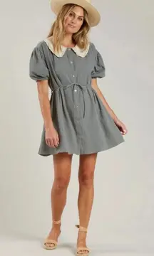 Rylee + Cru Gray Puff Sleeve Sundress with Peter Pan Collar