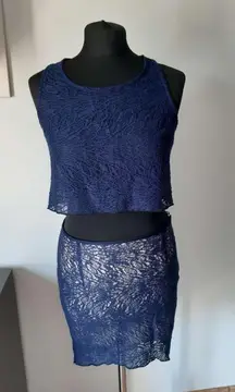 high-low lined skirt+ racerback crop top lace navy blue set , size S, brand new
