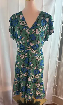 CAbi Floral V-Neck Lined Flutter Sleeve Dress Size L