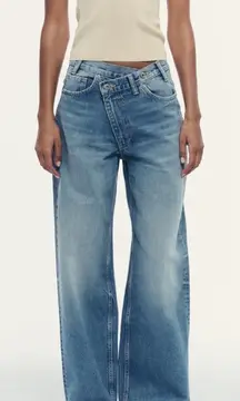 Zara Blue Cross Over Waist High Rise Wide Leg Jeans Sz 8