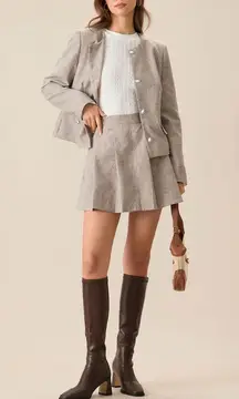 Rihoas Round Neck Khaki Single-Breasted Jacket & Pocket Pleated Mini Skirt