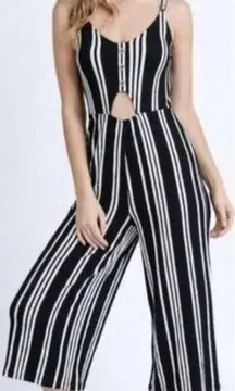 Love Tree Crop Jumpsuit Womens Sz L Black White Stripe Wide Leg Coastal Nautical