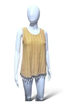 Anthropologie W5 Shirt Womens Medium Yellow White Tank Embroidery Trim Tassels