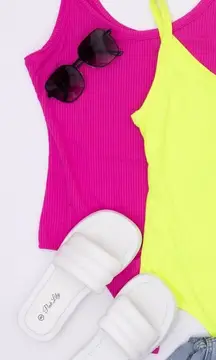 Pink Lily Neon Eyes Orange Ribbed Scoop Neck Bodysuit