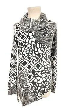 CHICOS Women's Small Green White Paisley Geometric Print Cowl Neck Sweater