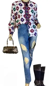 VINTAGE 1980'S JOS A. BANK MULTI-COLOR BUTTON DOWN BLOUSE WITH TASSEL (8)