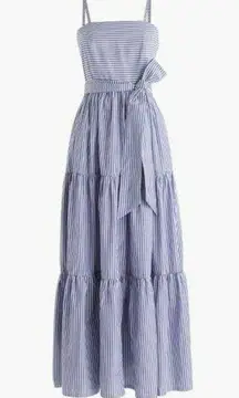 J.Crew NWT  Tiered Maxi in Lagoon White Stripes Tie Waist Cotton Sun Dress 0