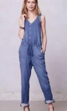 ANTHROPOLOGIE HOLDING HORSES Eyelet Chambray Denim Jean Jumper Overalls Jumpsuit