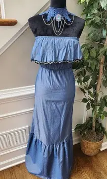 WinWin Women Blue 100% Cotton Off The Shoulder Casual Long Maxi Dress Size Small