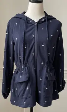 Talbots French Terry Palm Tree Embroidered Full Zip Hoodie Navy Blue M Petite