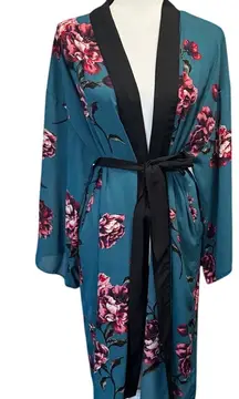 Soprano Floral Kimono Robe Teal/Pink/Black Sash Size Large Boho Festival