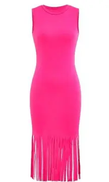 Micas Women's Small Deep Pink Fringe Hem Crew Neck Sleeveless Midi Dress