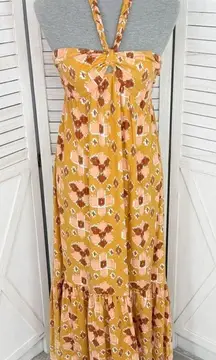 Aerie Ikat Linen Blend Tiered Tie Neck Maxi Sundress Yellow Small Boho Western