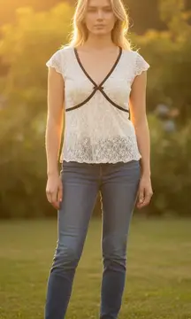 Thirty Thirty La Romantic Top Ivory Suede Black Trim Cottagecore Croquette XS