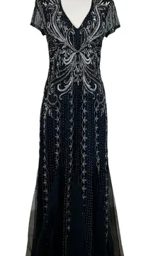 Adrianna Papell Beaded Short Sleeve Cut Out Back Evening Gown Blue Size 8 Formal