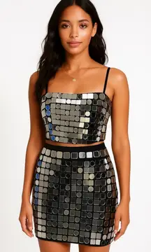Forever 21 Metallic Mirrored Geo Cropped Cami & Mini Skirt Set New