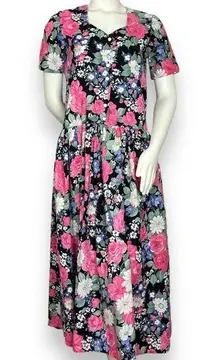 Vintage Handmade Dress 80s 90s Floral Black‎ Dropped Waist Button-Up Maxi Retro