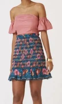 Farm Rio Blue and Pink Chic Edgy Feminine Bohemian Whimsica Floral Skirt Size XL