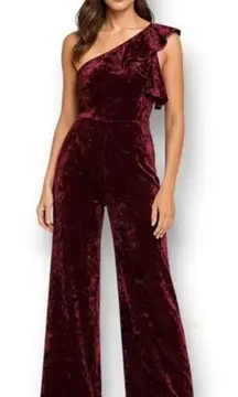 Lulus L Red Velvet Jumpsuit One Shoulder Ruffle Wide Leg Witchy Wedding Guest