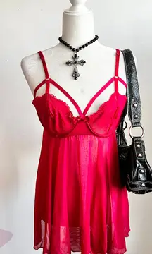 Red Lace Sheer Babydoll Top‎ Y2K 2000s Coquette Romantic Soft Girl Small