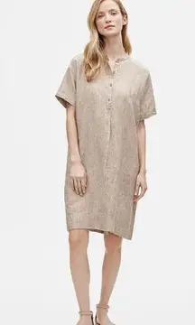 Washed Organic Linen Delave Mandarin Collar Shirtdress