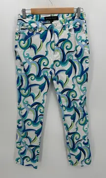 Boston Proper Denim Pants Women 10 Abstract Geometric Retro High Waisted White