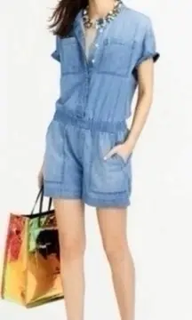 J.CREW Sz 2‎ Utility Romper Blue chambray Denim Jean Cotton Linen Lightweight
