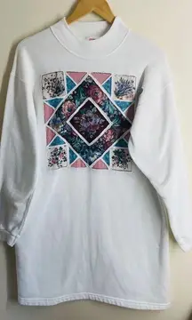 Vtg 90s Floral Patchwork Graphic Sweatshirt / Sweatshirt Dress White S/M