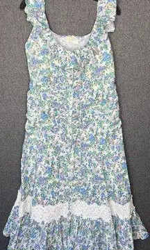 byTiMo Linen Maxi Dress Blue Blossom Long Dress Size XL Lace Ruffles Linen Blend