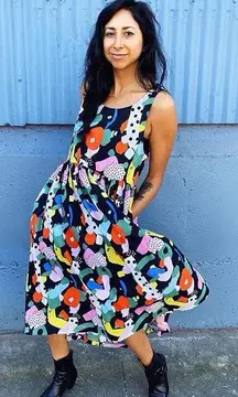 Nooworks Naomi Dress Party Print Rayon Midi Multicolor Small EUC