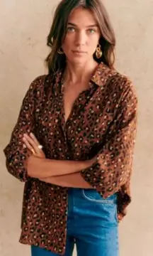 Sezane Max Silk Leopard  Animal Button Down Top Sz 36/ S