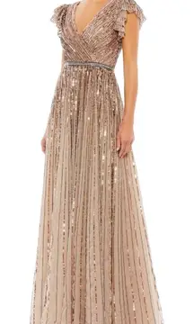 Mac Duggal Size 24 Beige Sequin Wrap Over Cap Sleeve Gown Champagne Formal 5502