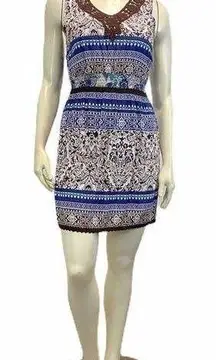 LOTS OF LOVE Women’s Sz XL Sleeveless Empire Waist Blue Brown White Geo Dress