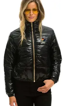 Aviator Nation Sunburst Apres Glossy Black Puffer Jacket Size Medium