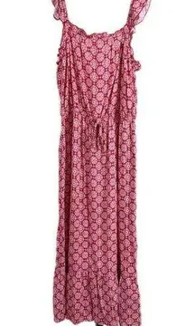 Luxology Prairie Milkmaid Boho Midi Dress Medium Red White Floral Sundress Flowy