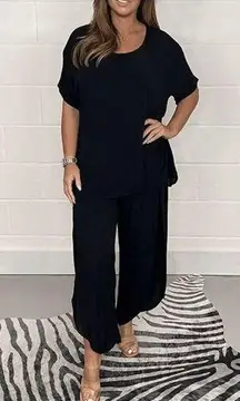 Black Short-Sleeve Top & Open side Wide-Leg Pants L #1804-C8