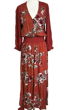 Mystree Brown Floral Lined Maxi Blouson Dress Women's Size Small | 31-16