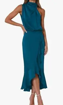 NEW Satin Sleeveless Mock Neck Wrap Mermaid Hem Maxi Dress XL