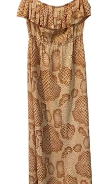 AKA New York Silk Snake Print Tan Brown Strapless Ruffle Layered‎ Maxi Dress XS