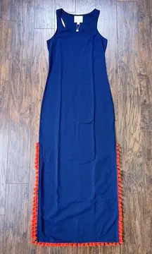 STS • Racerback Pom Pom Maxi Dress navy blue cotton jersey knit orange trim