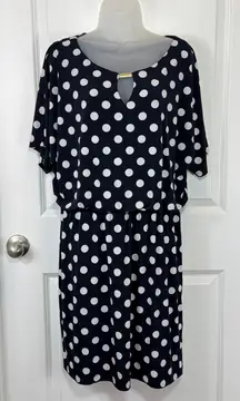 Ronni Nicole Navy Blue White Polka Dot Dress Womens 12 Keyhole Neck Career Work