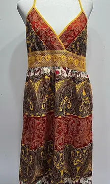 Daytrip Multicolored Boho Paisley Crochet Waistband Spaghetti Strap Slip Dress