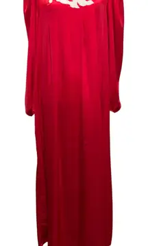 Vintage Natori Satin Red Applique Caftan Dressing Gown Nightgown Est. Size L