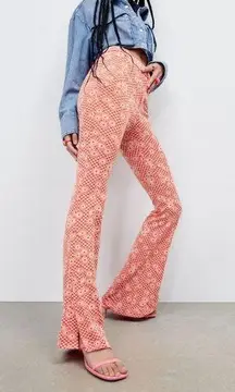 ZARA NEW  Orange Daisy Print Flare Bottom Pants Size S Boho Hippie 70s Peace