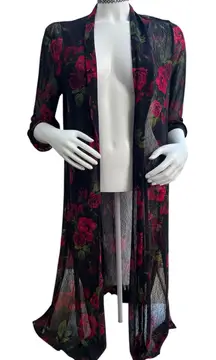 Ember Floral Rose Open Front Sheer Mesh Kimono Cardigan Size M