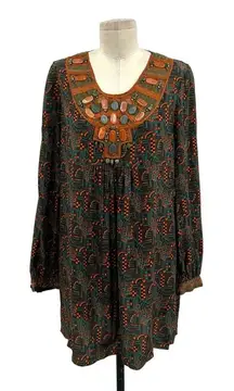 Anna Sui Tunic Top Dress Beaded Abstract Long Sleeve Brown‎ Orange Green Size 6