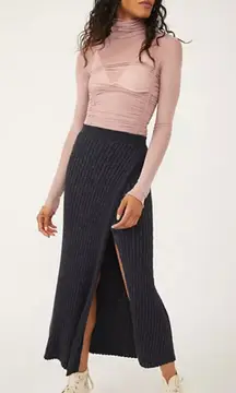 Free People‎ Ribbed Knit Maxi Midi Skirt Sz XL Gray Boho Leg Slit Pull On