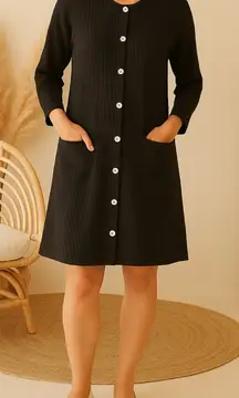 Gudrun Sjoden Waffle Knit Button Down Lagenlook Oversize Shirt Dress in Black