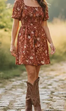 Live To Be Spoiled Women's Medium Rust Floral Print Off Shoulder Dress